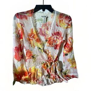 Vintage Y2K Cache Wrap Bell Sleeve Floral Lace Long Sleeve Fairy Core Top XS